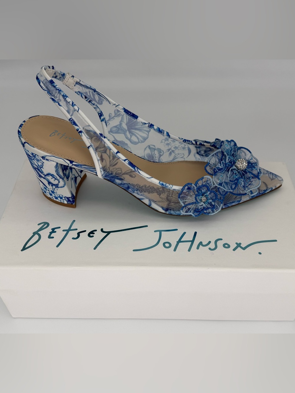 NIB Betsey Johnson Petra Blue Floral Mesh Slingback Heels Size 10